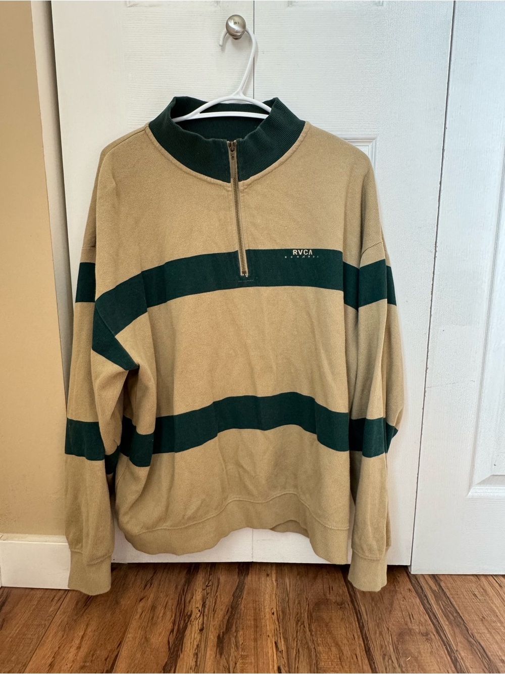 RVCA Men's Tan and Dark Green Quarter-Zip Pullover